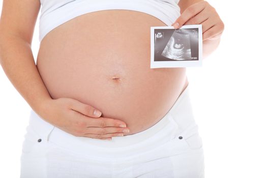 Pregnant woman with ultrasonic scan. All on white background.