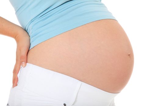 Pregnant woman suffering from backache. All on white background.