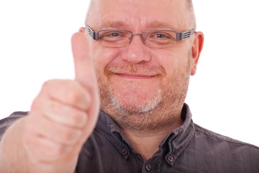 Elderly man showing thumb up. All isolated on white background.