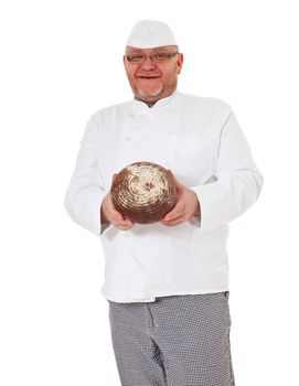 Charismatic baker holding bread. All on white background.