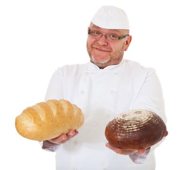 Baker holding white bread and wholewheat bread. All on white background.