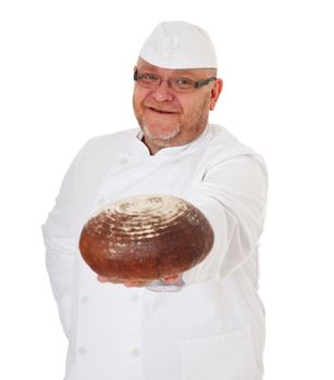 Charismatic baker holding bread. All on white background.