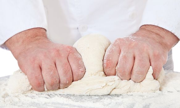 Baker kneading dough. All on white background.