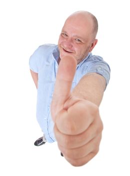 Full length shot of an elderly man showing thumb up. All isolated on white background. (Bird's eye view)