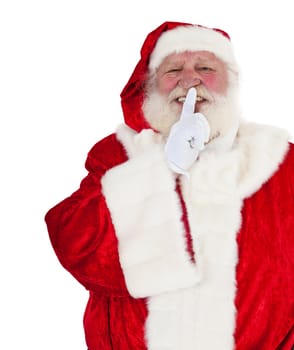 Santa Claus in authentic look wants you to keep a secret. All on white background.