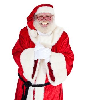 Santa Claus in authentic look rubbing his hands. All on white background.