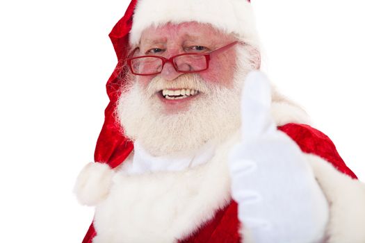 Santa Claus in authentic look showing thumbs up. All on white background.