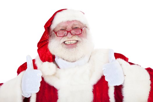 Santa Claus in authentic look showing thumbs up with both hands. All on white background.