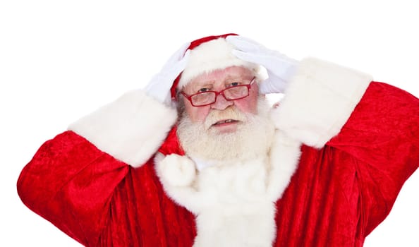 Stressed Santa Claus in authentic look. All on white background.