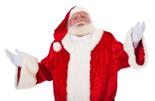 Santa Claus in authentic look with uncertain expression. All on white background.