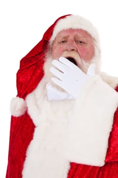 Tired Santa Claus in authentic look. All on white background.