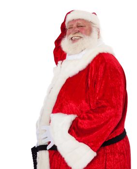 Santa Claus in authentic look holding his big belly. All on white background.