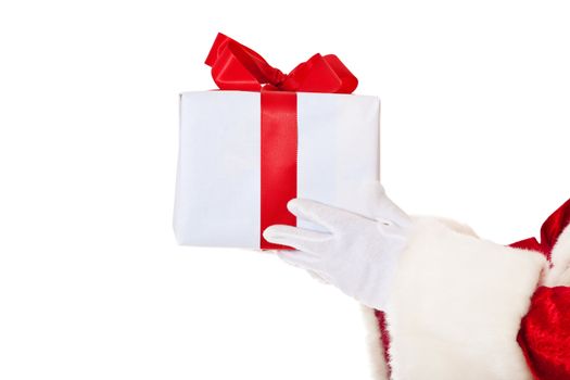 Santa Claus hands over fine wrapped present. All on white background.