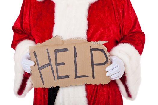 Santa Claus in authentic look holding cardboard sign showing the term help. All on white background.