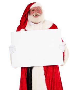 Santa Claus in authentic look holding blank white sign. All on white background.
