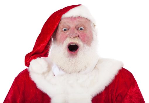 Santa Claus in authentic look with surprised expression. All on white background.