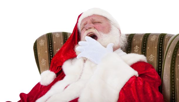 Santa Claus in authentic look tired. All on white background.