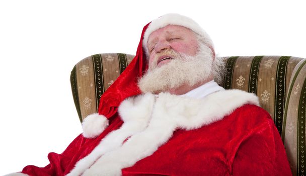 Santa Claus in authentic look sleeping in retro wing chair. All on white background.