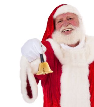 Santa Claus in authentic look jingling the bell. All on white background.