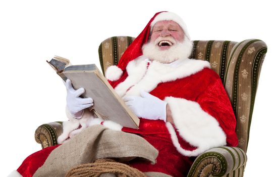 Santa Claus in authentic look having fun telling a story. All on white background.