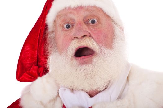 Santa Claus in authentic look with surprised expression. All on white background.