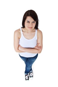 Full length shot of an attractive young woman. All on white background. (Bird´s eye view)