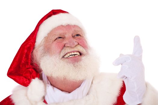 Santa Claus in authentic look pointing with finger. All on white background.