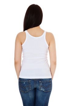 Rear view of an attractive young woman. All on white background.