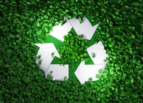 a top view of a white recycle symbol that is lying among a field of green grass is illuminated by two lights that are very close to it