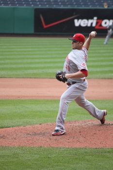 PITTSBURGH - SEPTEMBER 24: Nick Masset, Cincinnati Reds pitcher delivers a pitch against Pittsburgh Pirates on September 24, 2009 in Pittsburgh, PA.