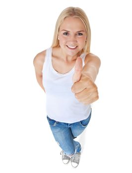 Attractive teenage girl showing thumbs up. High angle view. All on white background.