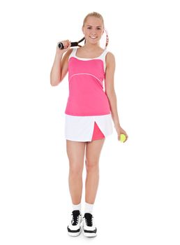 Attractive teenage tennis player All on white background.
