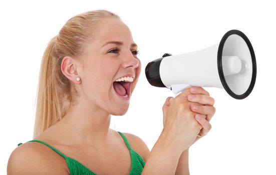 Attractive teenage girl using megaphone  All on white background.