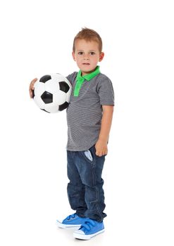 Full length shot of a cute little boy playing with a soccer ball. All isolated on white background.