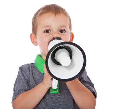 Cute little boy using a megaphone. All isolated on white background.