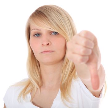 Teenage girl showing thumbs down. All on white background.