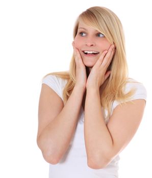 Surprised young woman with wide open mouth. All on white background.
