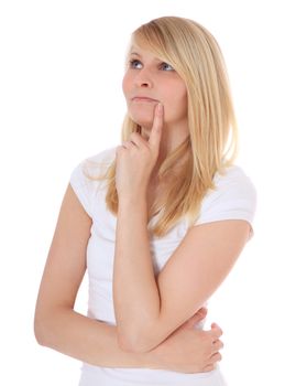 Attractive teenage girl deliberates a decision. All on white background.