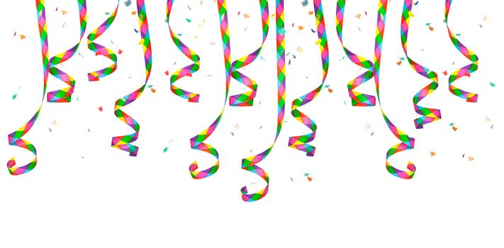 Colorful paper streamer and confetti. All on white background.