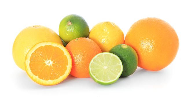 Various citrus fruits.  All on white background