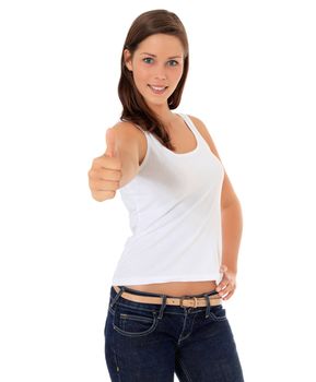 Attractive young woman showing thumbs up. All on white background.