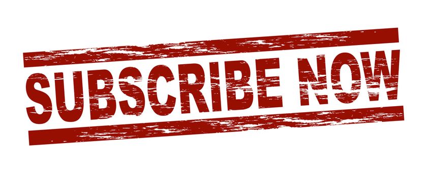Stylized red stamp showing the term subscribe now. All on white background.