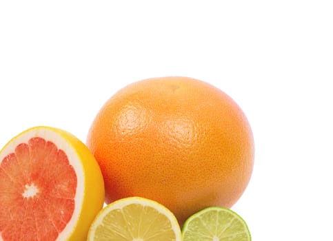 Image of a fresh whole lime, lemon and orange isolated on white