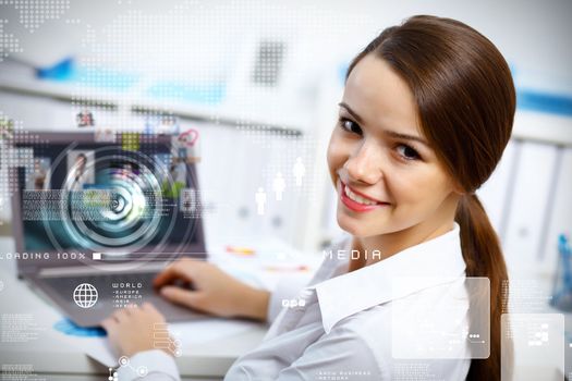 Business person working on computer against technology background