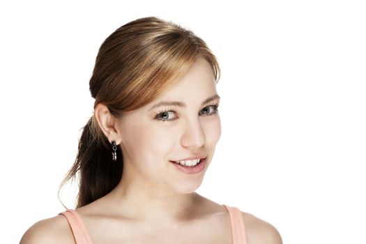 portrait of a young beautiful happy woman on white background