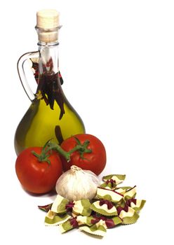 olive oil garlic tomato and butterfly pasta as food ingredients