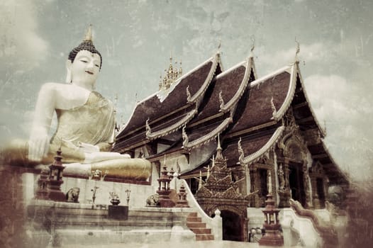 buddha and church, vintage photo style