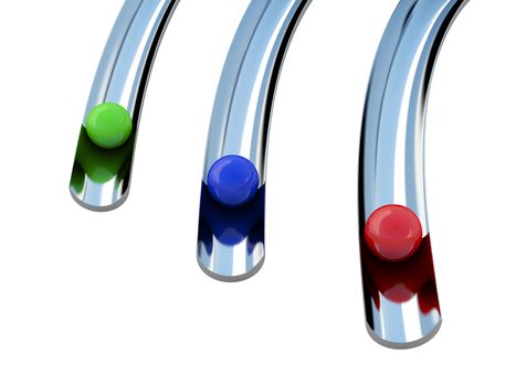 Three colored balls roll along a trajectory
