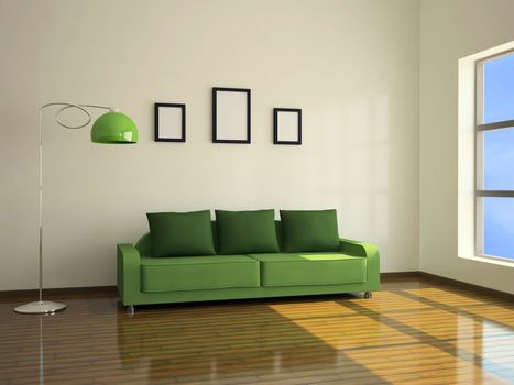 Interior with a green sofa and a floor lamp