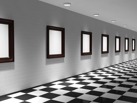 Gallery with paintings on the brick wall
